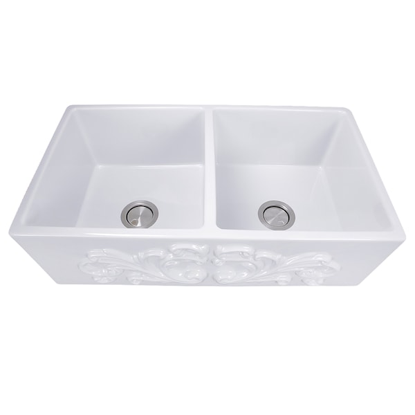 Nantucket Sinks Double Bowl Farmhouse Fireclay Sink with Filigree Apron FCFS3318D-Filigree - main